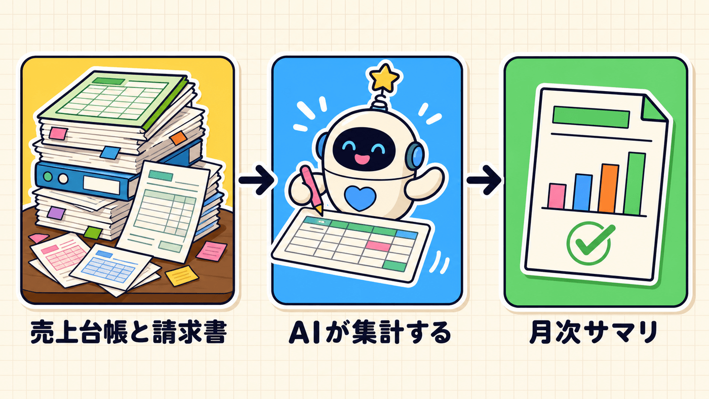 積み上がった売上台帳と請求書をAIが集計し、合計と前月比が入った月次サマリ1枚にまとまるまでの流れを示した図