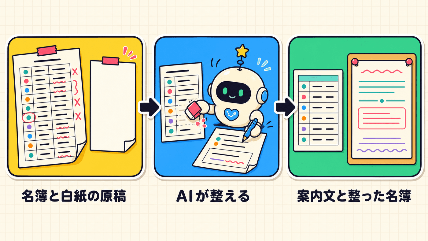 白紙の原稿と表記ゆれだらけの名簿をAIが整え、配れる案内文ときれいな名簿になるまでの流れを示した図