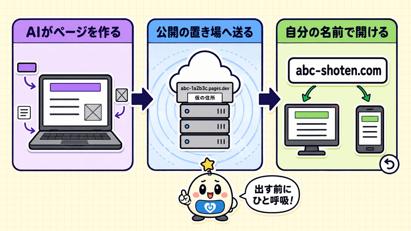 AIが作ったページ一式が公開の置き場へ送られ、独自ドメインがつながり、パソコンからもスマホからも同じページが開けるようになる流れを示した図