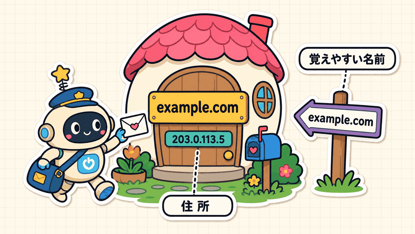 覚えやすい名前の表札が数字の住所と結び付けられ、その名前をたよりに目的の場所へ案内されることを示した図