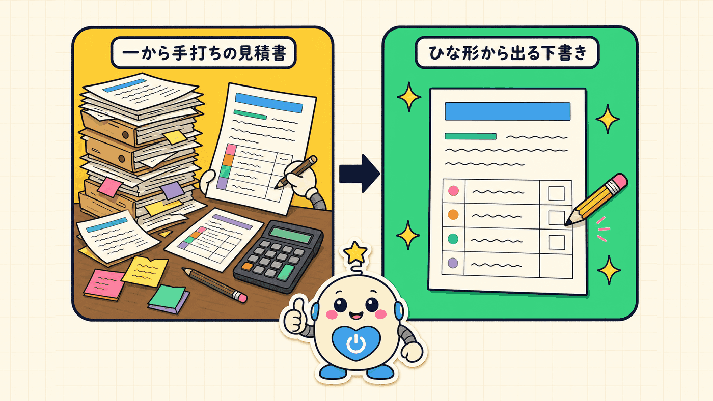 左が過去の見積を引っ張り出して一から手打ちしている机、右がひな形から出てきた見積書の下書き1枚。金額欄だけが空いている。ビフォーとアフターを並べた図
