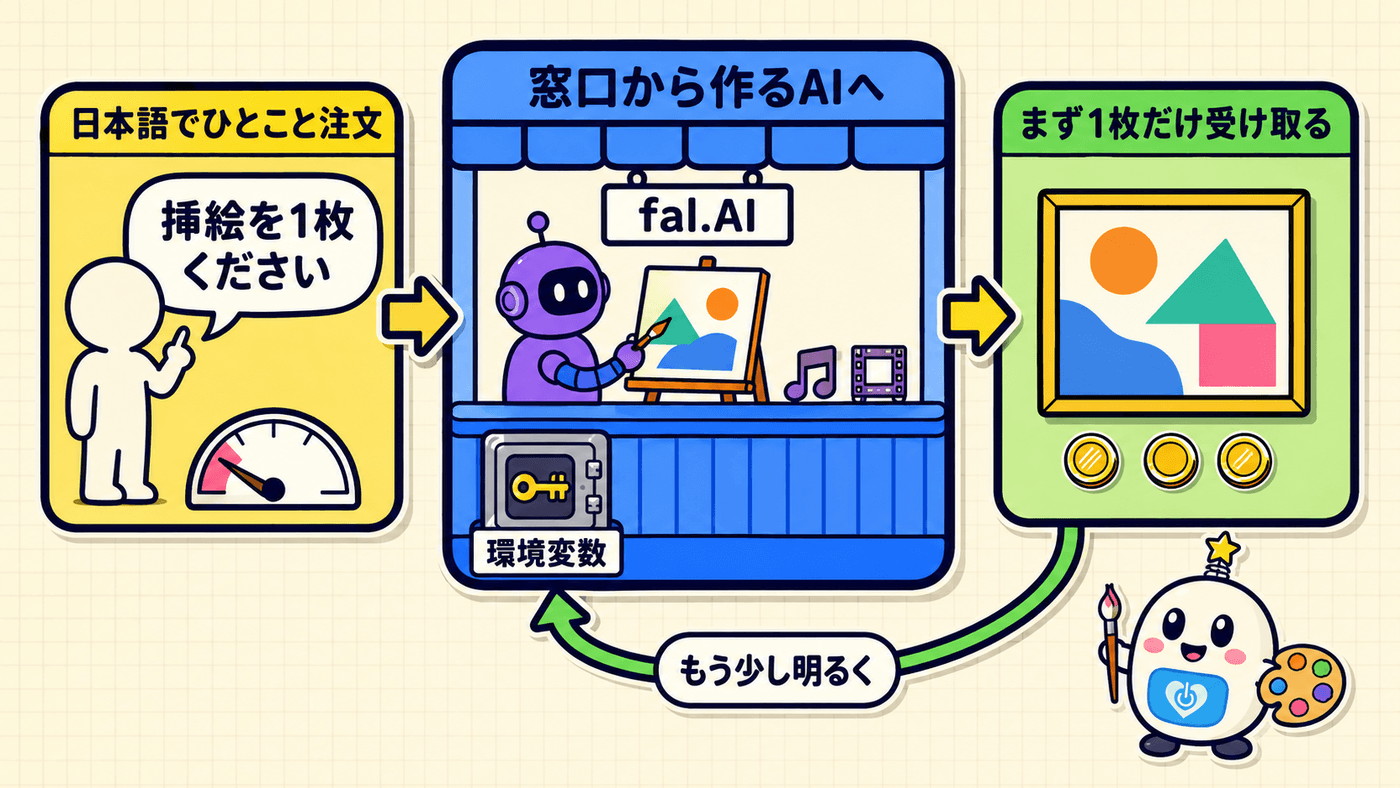 日本語で伝えた注文がfal.AIの窓口へ渡り、画像を作るAIが1枚の挿絵を作って手元へ返し、気に入るまで日本語で注文を直していく流れを示した図