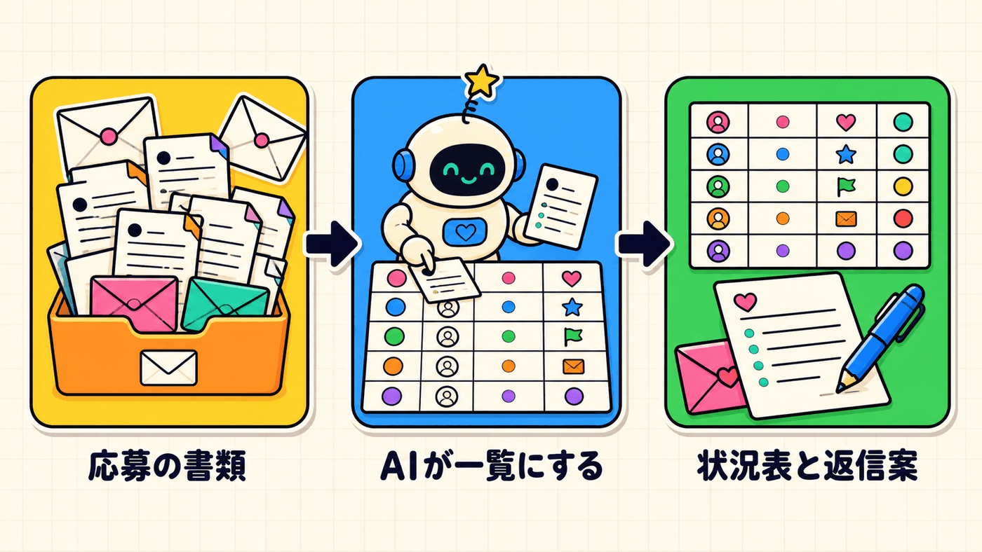 届いた応募書類をAIが読み取って選考状況の一覧に整え、返信の下書きまで用意されるまでの流れを示した図
