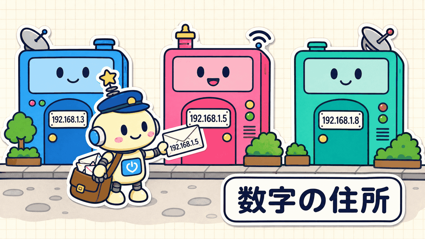 並んだ機器それぞれに数字の住所が割り当てられ、その番号をたよりに宛先の機器までデータが届くことを示した図