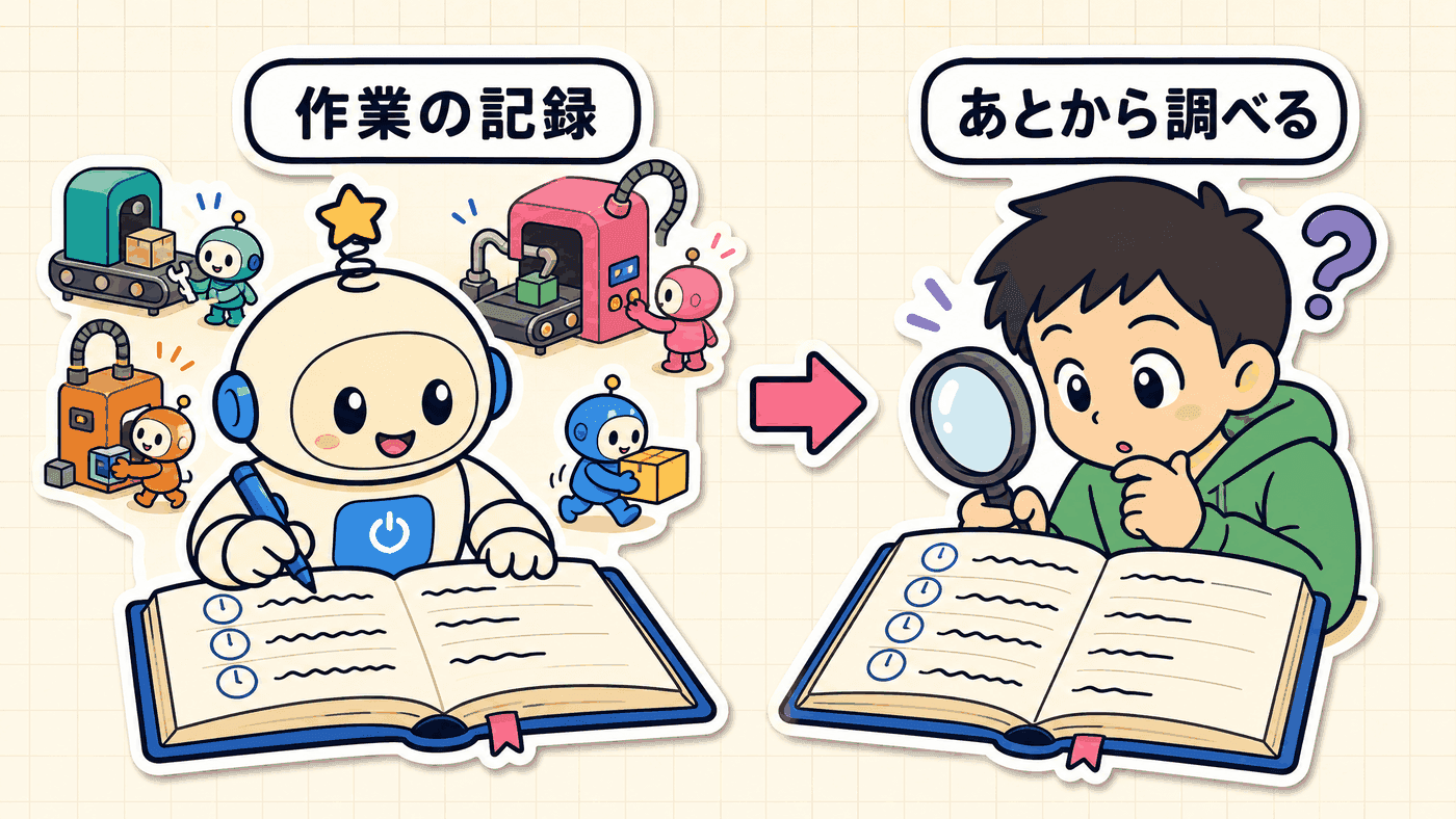 AIが作業の内容を時刻つきで日誌に書き残し、あとから人が虫めがねで読み返して何が起きたかを確かめられることを示した図