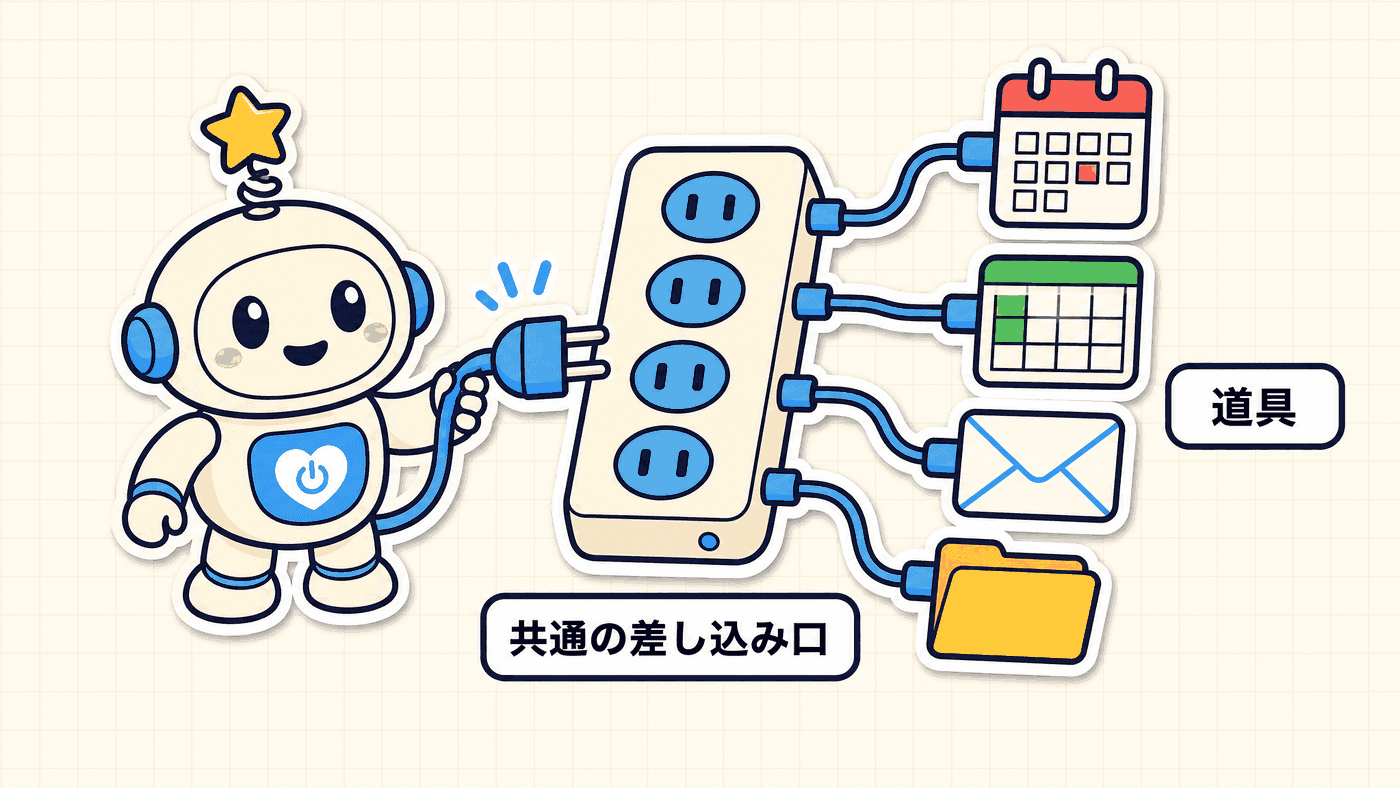 AIが1本の共通の差し込みプラグを持ち、カレンダーや表計算などの道具が並ぶ同じ形の差し込み口につながる様子を示した図