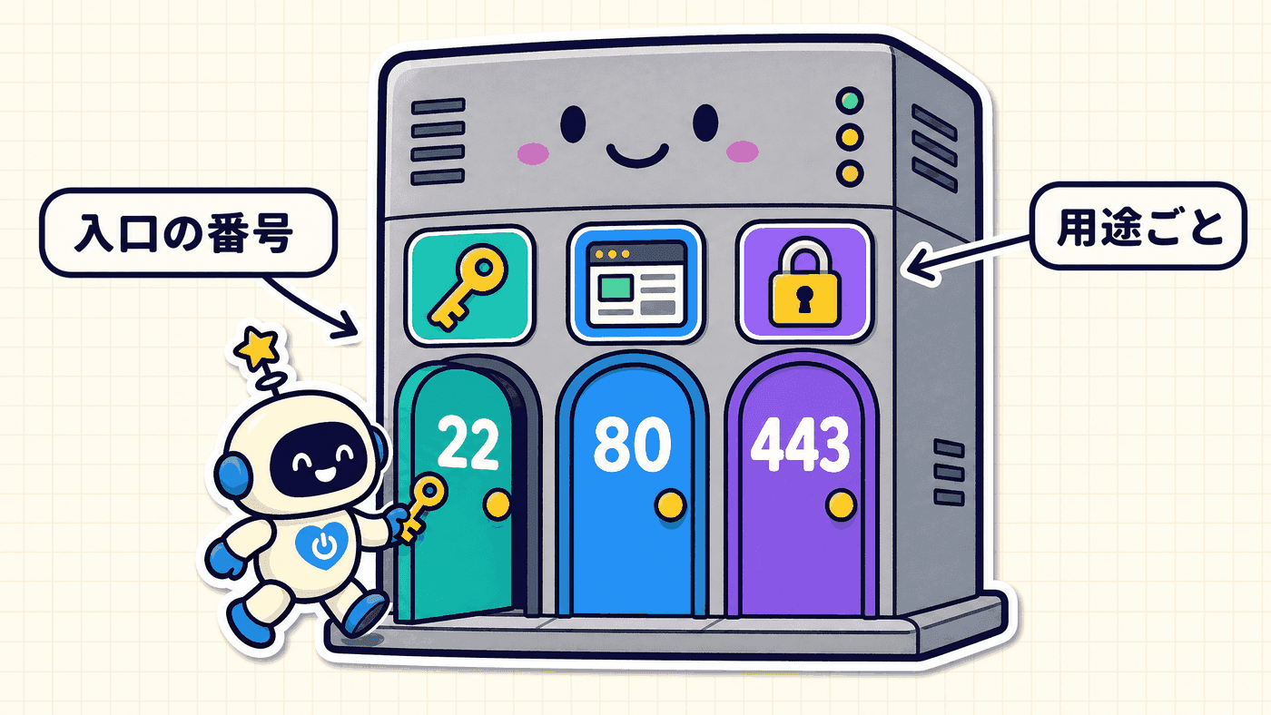 1台のサーバーに用途ごとの入口が並び、22番や443番といった番号で行き先が分かれることを示した図