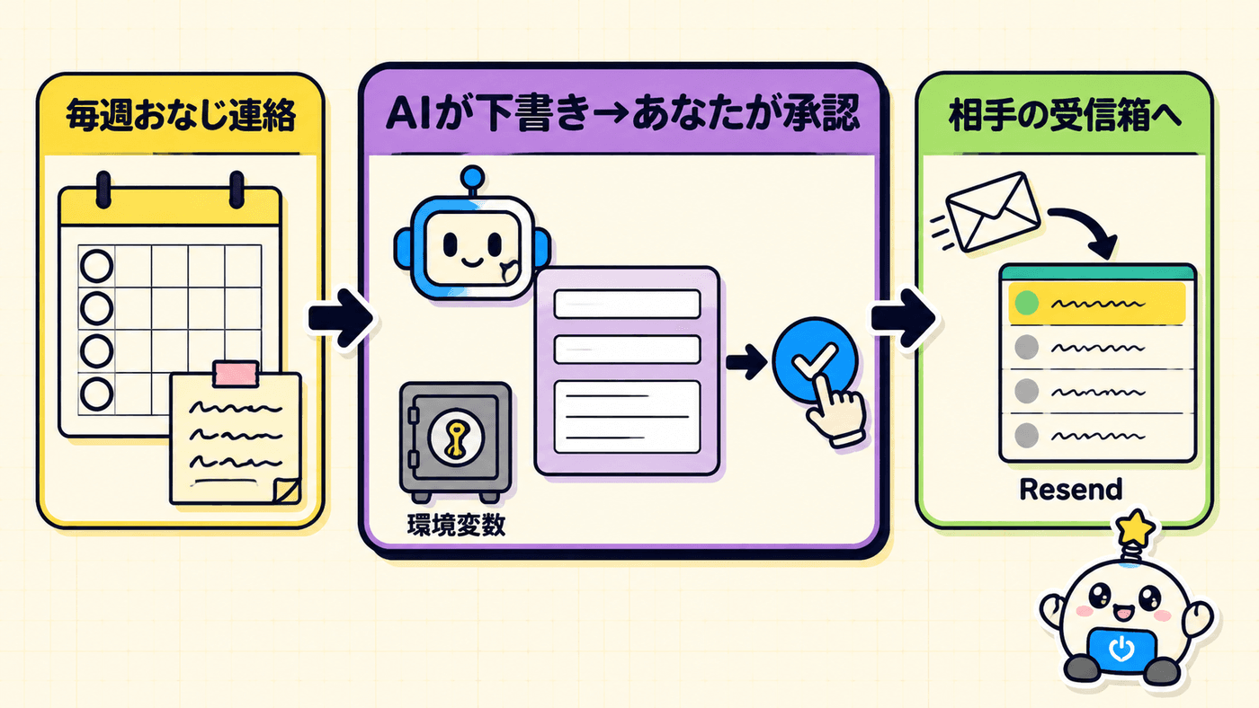 毎週の合図をきっかけにAIが定型連絡の文面を下書きし、人が宛先と本文を承認したあと、Resendから相手の受信箱へメールが届くまでの流れを示した図