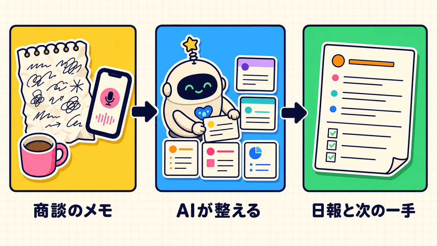 商談直後の走り書きや音声メモをAIが整理し、日報の下書きと次にやることの一覧になるまでの流れを示した図