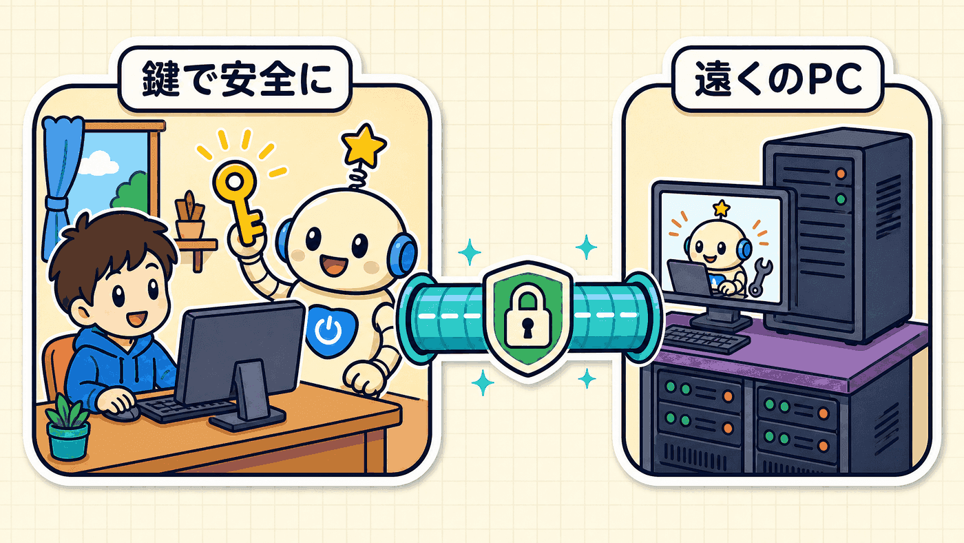 手元のPCが持つ秘密鍵と、離れたサーバーに置いた公開鍵が対になり、暗号化された通信路を通って安全に遠隔操作できることを示した図