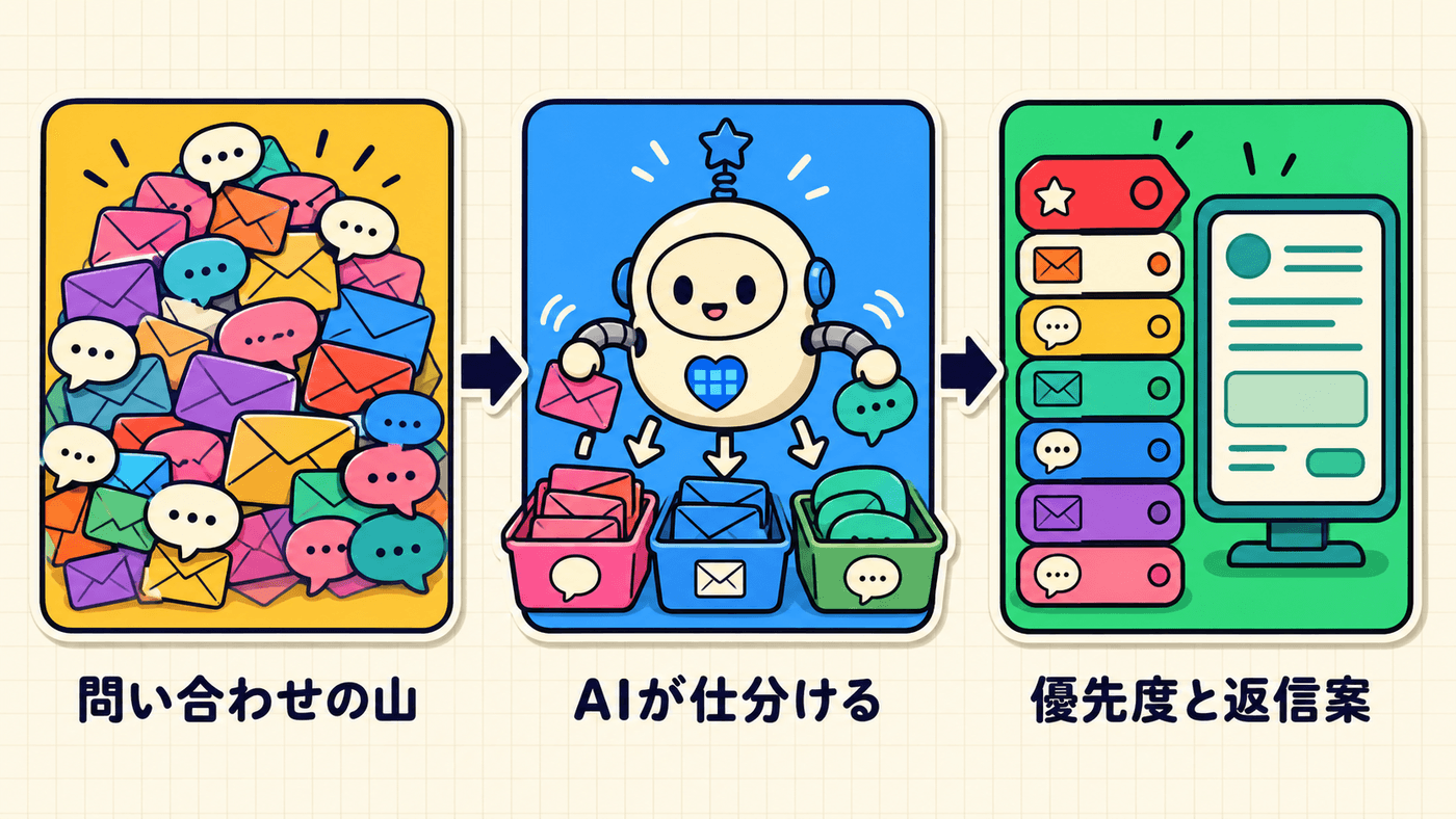 山積みの問い合わせをAIが種類ごとに仕分け、優先度の高い順に並べて返信の下書きまで用意されるまでの流れを示した図